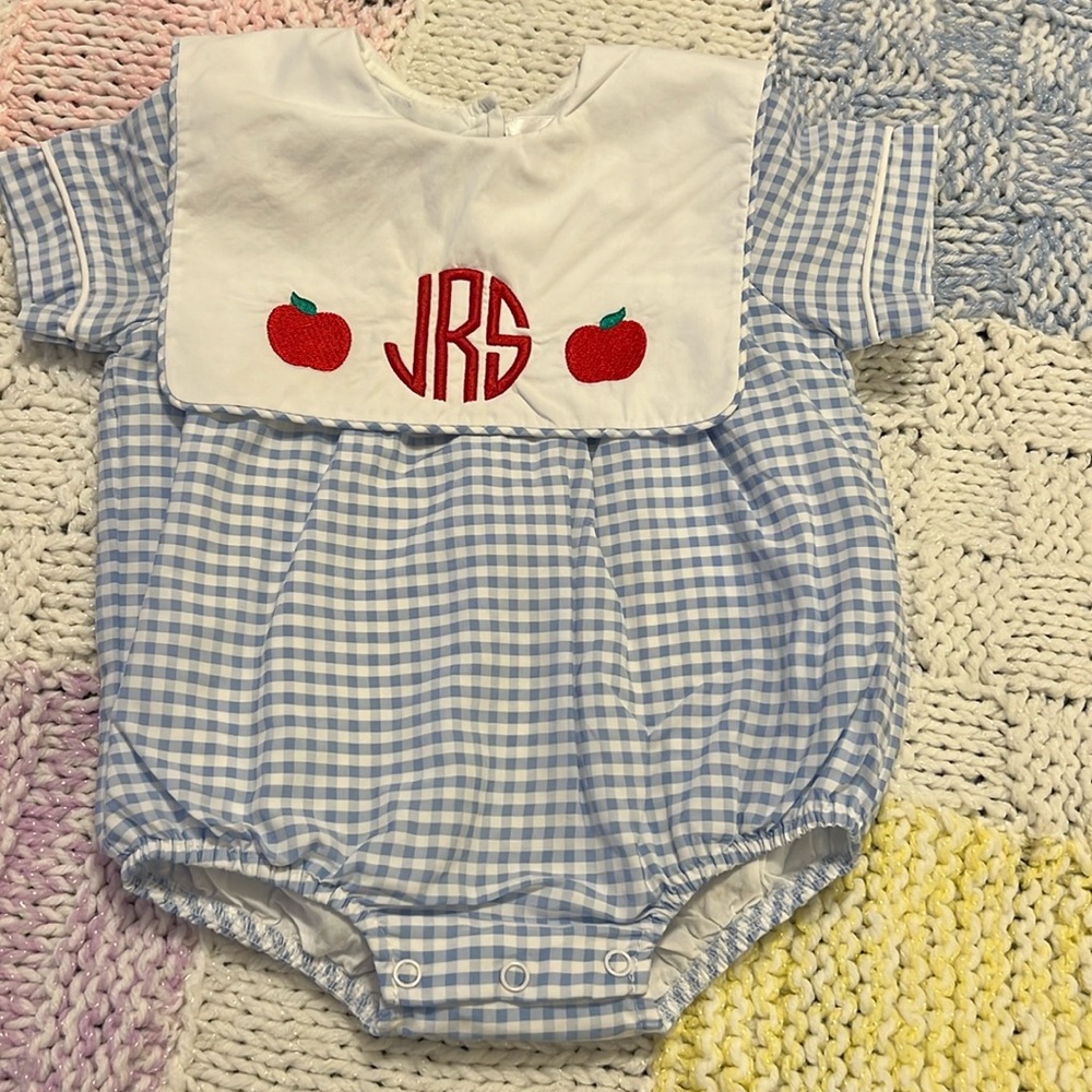 3 mo, bubble baby blue/ white checkered fabric,apple appliqué -sibling match👼